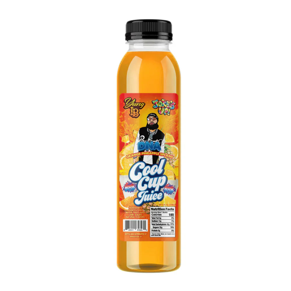 Jugo exótico Pop Yung LB de naranja y piña con splash en vaso frío