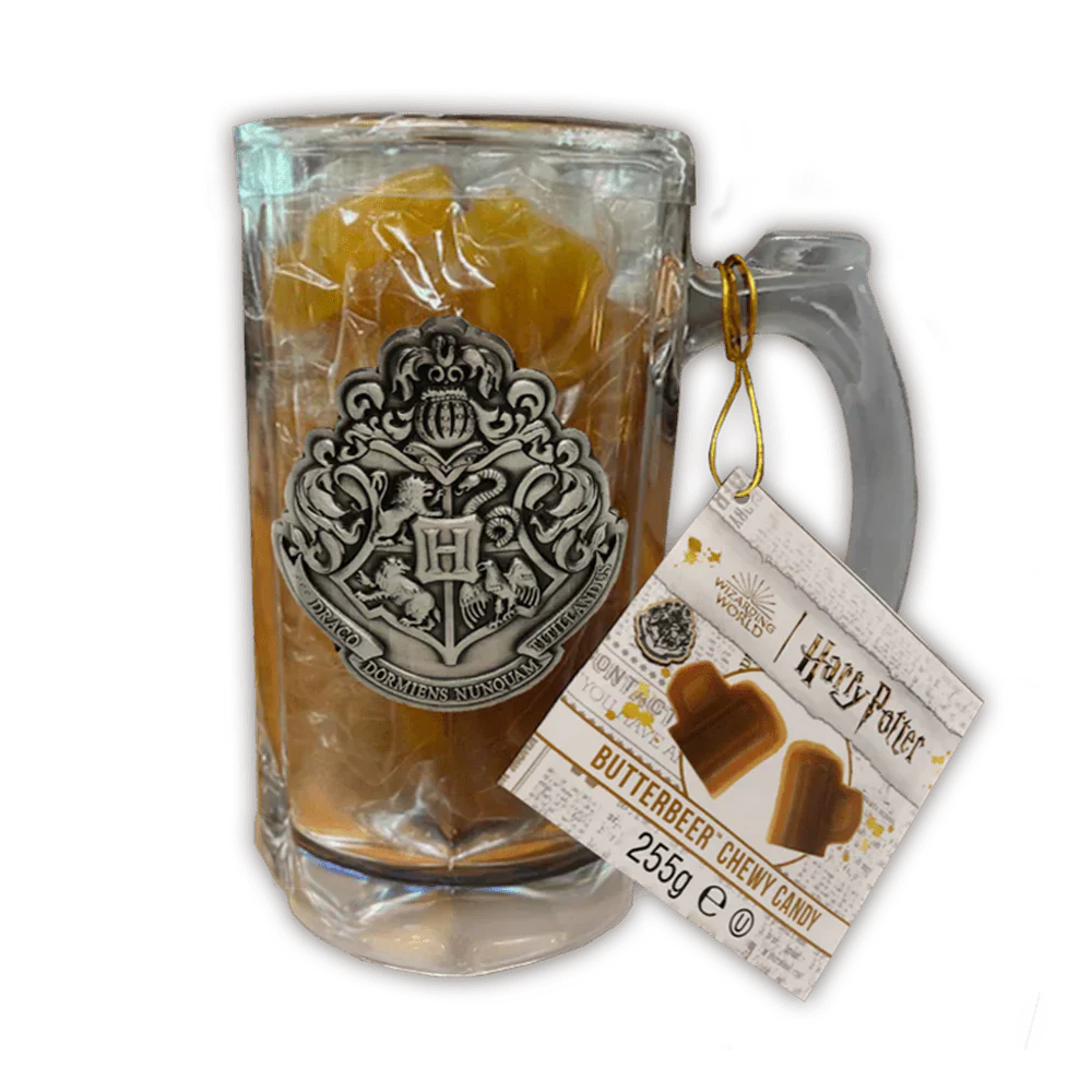 Taza de vidrio con caramelos masticables Jelly Belly Beans de Harry Potter y cerveza de mantequilla